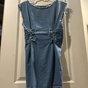 Like New!Zara Trf denim chambray mini dress crisscross raw trim sleeveless zip M